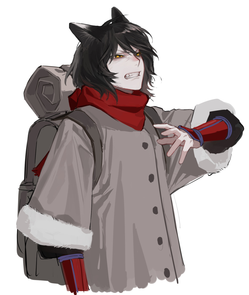 1girl animal_ears annoyed backpack bag black_hair bracer cat_ears chinese_commentary clenched_teeth coat commentary_request cropped_torso dungeon_meshi fangs from_side frown fur-trimmed_coat fur-trimmed_sleeves fur_trim grey_coat hand_up highres izutsumi lingluorz looking_ahead red_scarf scarf short_hair simple_background solo squinting teeth upper_body v-shaped_eyebrows white_background yellow_eyes