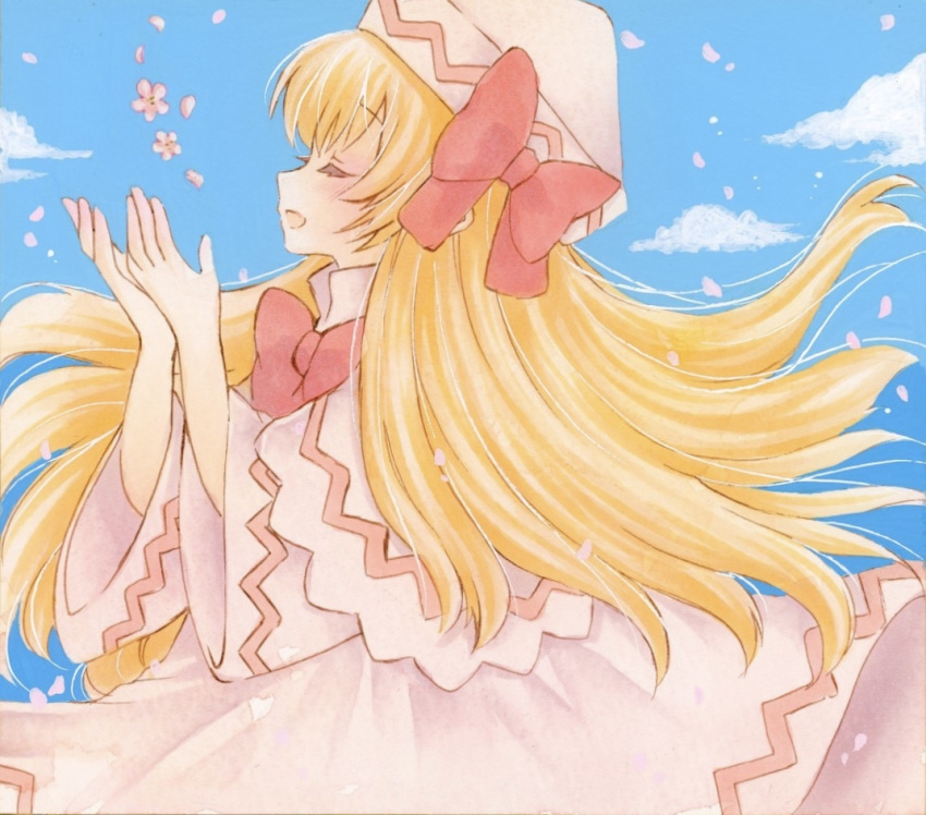 1girl blonde_hair blue_sky bow bowtie capelet closed_eyes cloud commentary day dress falling_petals hat hat_bow lily_white long_hair long_sleeves marker_(medium) no_wings open_mouth petals pink_capelet pink_dress pink_hat pink_petals red_bow red_bowtie sky smile solo touhou traditional_media very_long_hair wide_sleeves yuuki_hana_(jtnp5334)