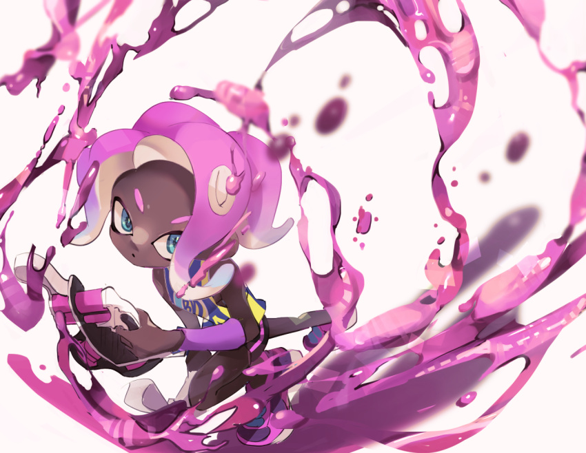 1girl arm_warmers bare_shoulders bike_shorts black_shorts blue_eyes dark-skinned_female dark_skin holding koike3582 long_hair octoling octoling_girl octoling_player_character pink_hair shoes shorts simple_background single_arm_warmer single_vertical_stripe solo splatoon_(series) suction_cups tentacle_hair tetra_dualies_(splatoon) white_background