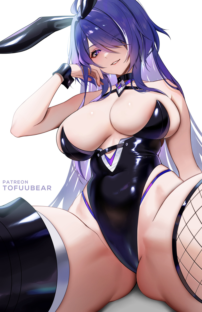 1girl absurdres acheron_(honkai:_star_rail) animal_ears bare_arms bare_shoulders black_leotard breasts fake_animal_ears fishnets grin highres honkai:_star_rail honkai_(series) large_breasts leotard looking_at_viewer playboy_bunny purple_eyes purple_hair rabbit_ears simple_background sitting smile solo thighs tofuubear white_background wrist_cuffs