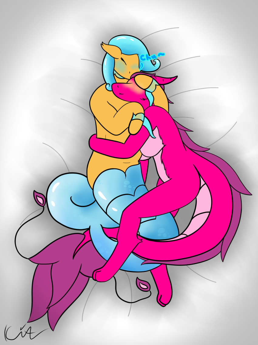 anthro bed blush breasts butt coastal_bounty cuddling domestic_cat dragon duo equid equine eyes_closed felid feline felis female female/female fish fur furniture glistening glistening_hair glistening_tail hair hasbro herm hi_res horse hybrid intersex kiathef0x kiato_suzuki kissing_head mammal marine my_little_pony mythological_creature mythological_scalie mythology nude pink_body pony scalie seapony_(mlp) simple_background smile sound_effects tail text