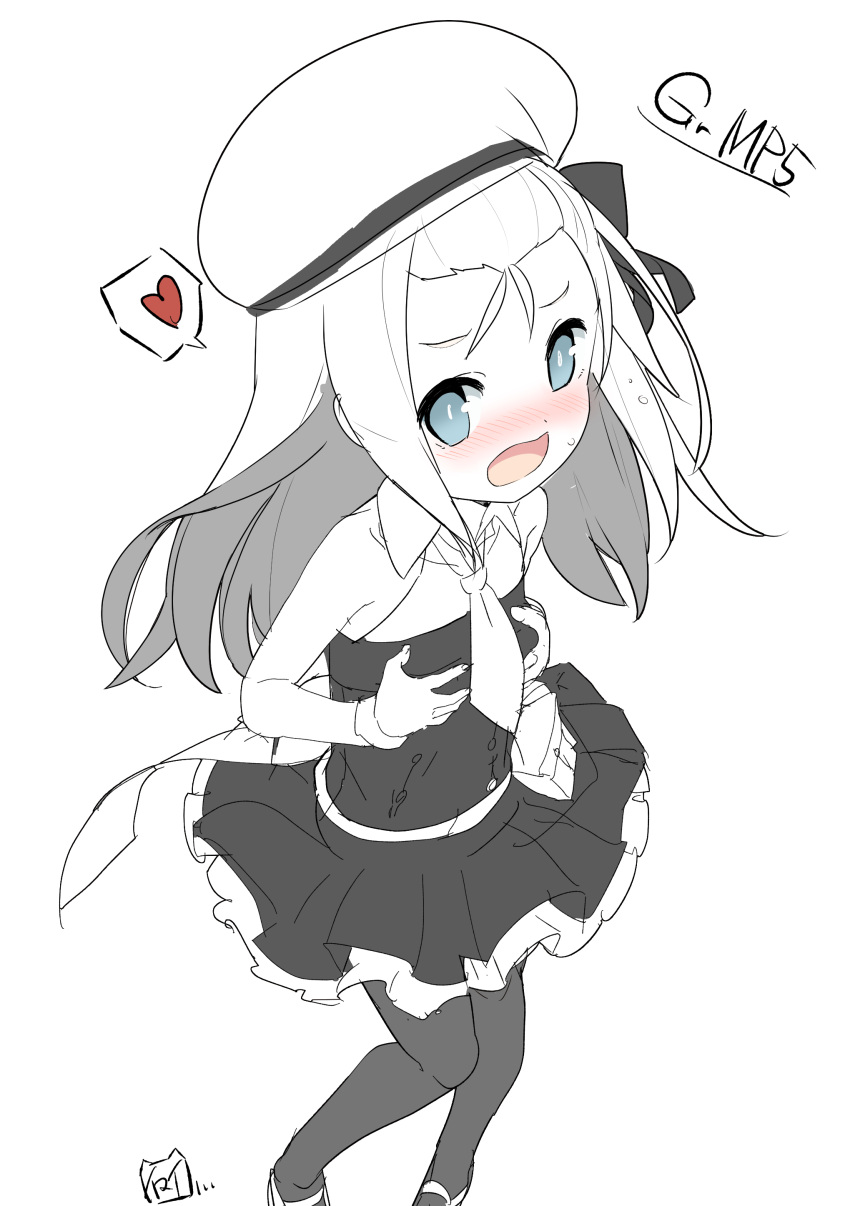 1girl absurdres beret blue_eyes blush bow character_name collared_dress commentary_request dot_nose dress embarrassed feet_out_of_frame fingernails flat_chest frilled_dress frills from_above from_side girls'_frontline greyscale hair_bow hands_on_own_chest hat heart highres long_hair looking_at_viewer looking_to_the_side looking_up mary_janes monochrome mp5_(girls'_frontline) necktie nose_blush open_mouth pantyhose shoes short_dress sideways_glance sleeveless sleeveless_dress solo speech_bubble spoken_heart spot_color sweatdrop wristband yamacchi