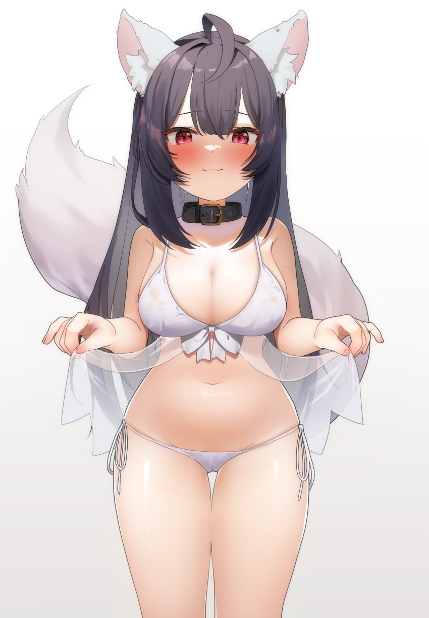 1girl absurdres ahoge animal_ears bare_shoulders bikini black_hair blush breasts cleavage collar commission fox_ears fox_tail freehoney hair_ornament highres lifted_by_self long_hair looking_at_viewer navel original purple_eyes simple_background smile solo swimsuit tail white_background white_bikini