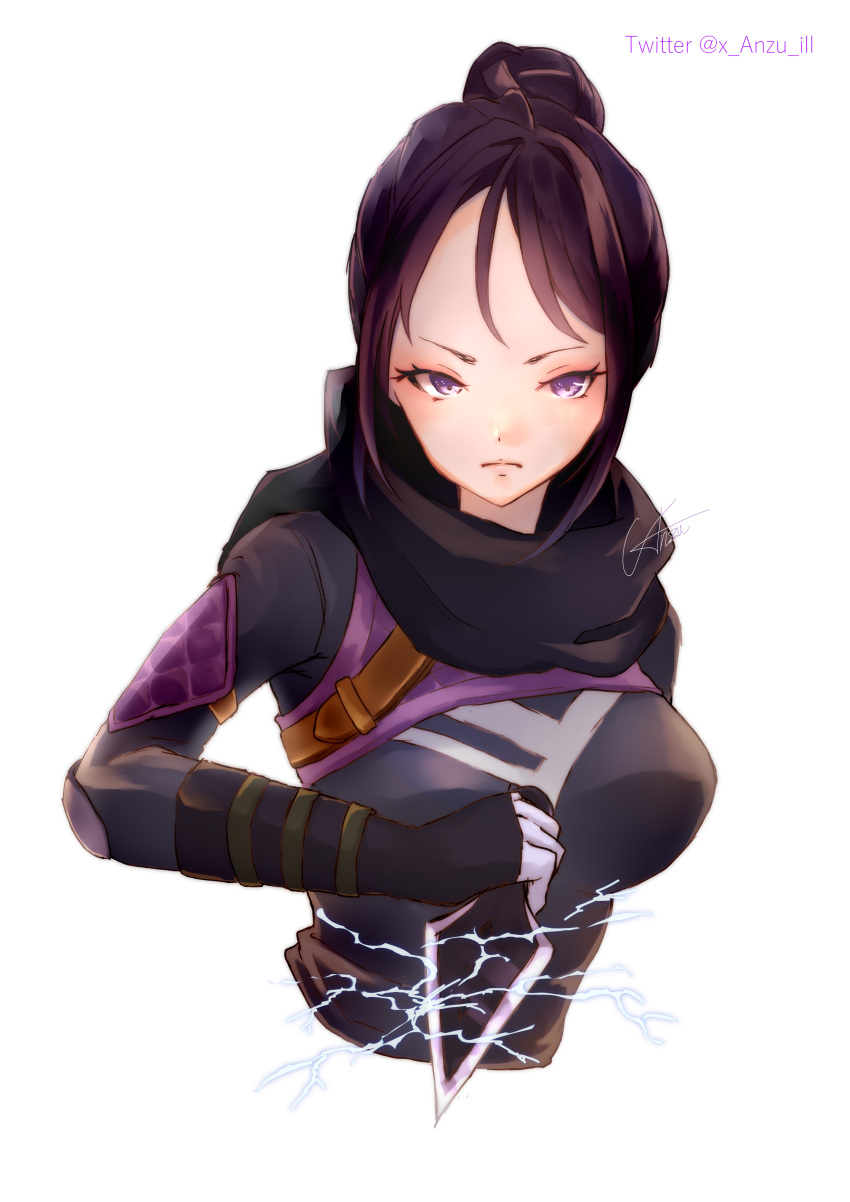 1girl absurdres animification anzu_(x_anzu_ill) apex_legends black_bodysuit black_gloves black_hair black_scarf bodysuit breasts frown gloves hair_bun highres holding holding_knife knife kunai large_forehead looking_at_viewer medium_breasts purple_eyes scarf signature single_hair_bun solo twitter_username weapon white_background wraith's_kunai wraith_(apex_legends)