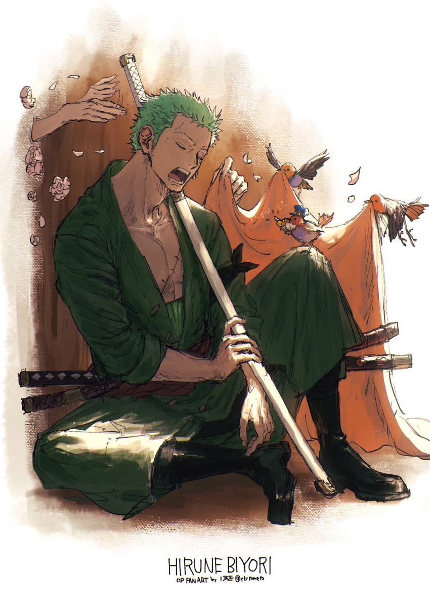 1boy artist_name bandana_around_arm bird black_footwear boots closed_mouth extra_arms flower full_body green_hair green_kimono haramaki hat highres holding holding_sword holding_weapon japanese_clothes kimono nico_robin open_mouth petals plytometo roronoa_zoro sash scar scar_on_chest sleeping sword top_hat weapon