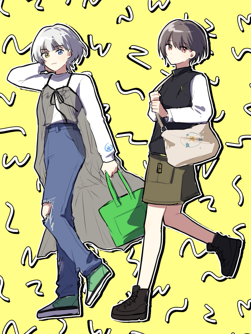 2girls bag bang_dream! bang_dream!_it's_mygo!!!!! black_footwear black_vest blue_eyes blue_pants brown_skirt closed_mouth commentary_request denim dress expressionless full_body green_footwear grey_dress grey_hair heterochromia highres holding holding_bag jacha_gam jeans kaname_raana korean_commentary long_sleeves looking_at_viewer medium_hair multiple_girls pants see-through see-through_dress shirt shoes short_hair shoulder_bag skirt sneakers takamatsu_tomori vest walking white_hair white_shirt yellow_background yellow_eyes