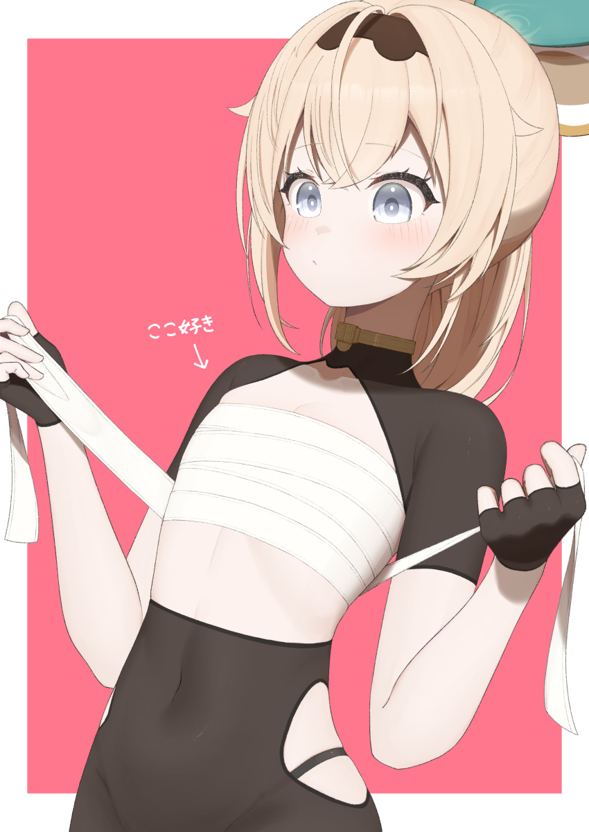 1girl absurdres armpit_crease black_gloves blonde_hair blush border brown_hairband chest_sarashi closed_mouth clothing_cutout collarbone covered_navel cowboy_shot crossed_bangs fingerless_gloves flat_chest gloves grey_eyes hair_ornament hairband hands_up highleg highleg_panties highres hololive kazama_iroha kazama_iroha_(1st_costume) long_hair lunch_boxer panties pink_background ponytail sarashi shadow short_sleeves shrug_(clothing) side_cutout sidelocks simple_background skindentation solo underwear virtual_youtuber white_border