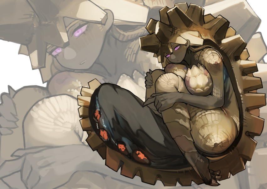 absurd_res anthro big_breasts breasts brute_wyvern capcom curled_up digital_media_(artwork) feet female hi_res miao_jiangyou monster_hunter non-mammal_breasts purple_eyes scales scalie simple_background tail uragaan yellow_body yellow_scales