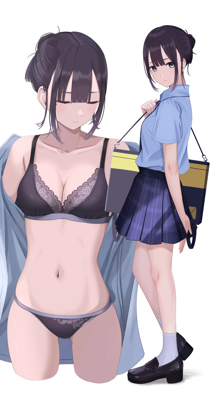 1girl absurdres bag bare_shoulders black_bra black_footwear black_panties blue_eyes blue_shirt blue_skirt blush bra breasts cleavage closed_eyes closed_mouth collarbone full_body hair_between_eyes hair_bun highres inaka_44 loafers long_hair long_sleeves looking_at_viewer medium_breasts navel open_clothes open_shirt original panties plaid plaid_skirt pleated_skirt school_uniform shirt shirt_tucked_in shoes short_hair sidelocks simple_background single_hair_bun skirt socks solo stomach thighs underwear white_background white_socks