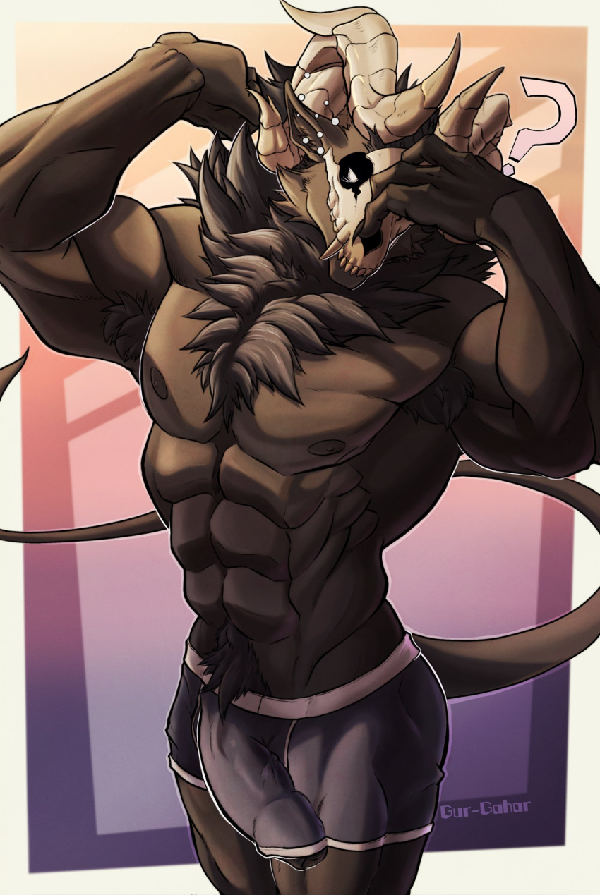 abs armpit_hair biceps body_hair bone bulge clothing digital_drawing_(artwork) digital_media_(artwork) erection foreskin fur genitals gur-gahar hi_res horn male muscular muscular_male nipples penis pubes skull skull_head tail underwear