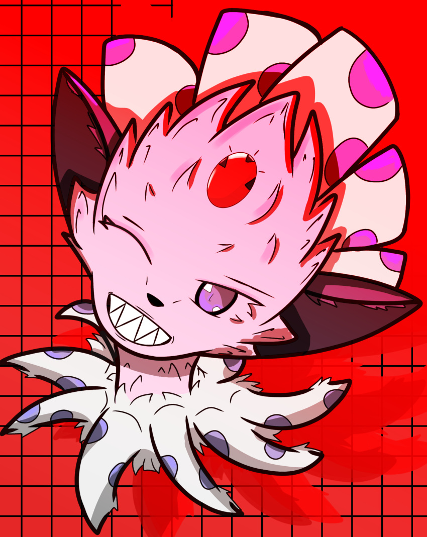 ambiguous_gender anthro fangs feathers fur generation_4_pokemon hair hi_res jewelry kerolink male nintendo noonecrazyboy one_eye_closed pink_body pink_fur pokemon pokemon_(species) purple_eyes red_background scary scary_face simple_background solo spiky_hair teeth weavile wink