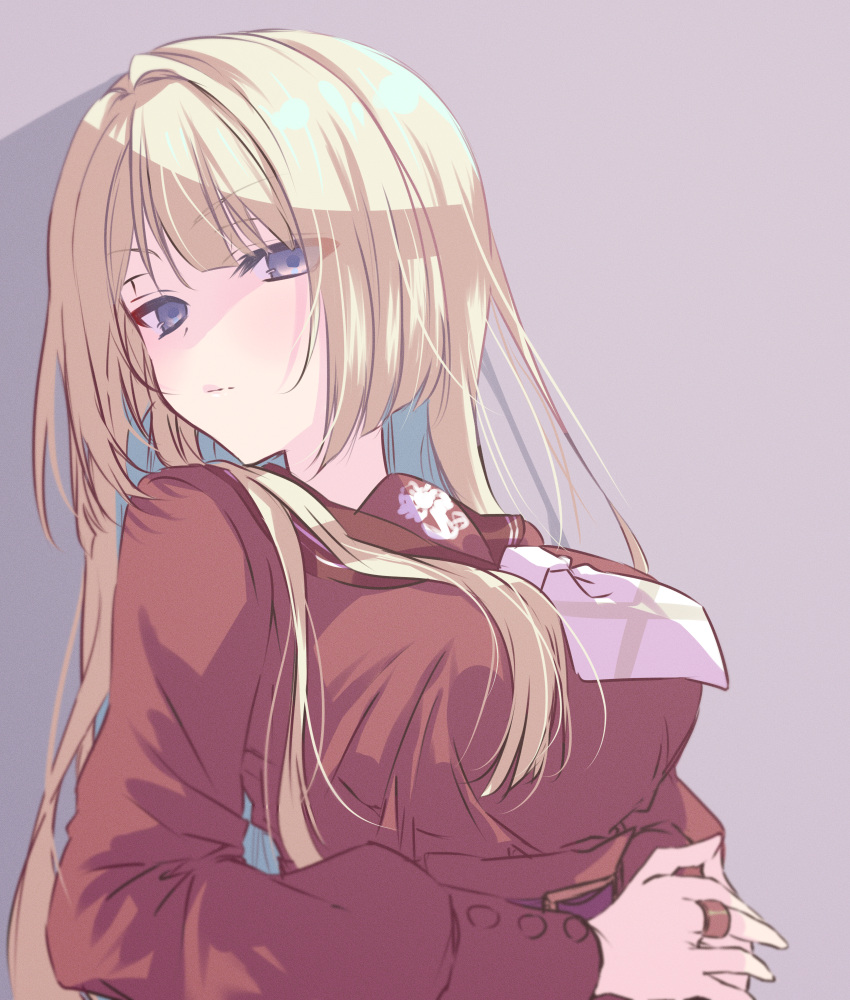 1girl assault_lily belt belt_buckle blonde_hair breasts brown_background brown_sailor_collar buckle closed_mouth commentary_request hands_up high-waist_skirt highres jewelry kanba_girls_high_school_uniform large_breasts long_hair long_sleeves looking_at_viewer looking_to_the_side miyagawa_takane naridon necktie own_hands_together purple_eyes red_belt red_shirt red_skirt ring sailor_collar school_uniform serafuku shadow shirt short_necktie sidelocks simple_background skirt solo upper_body v-shaped_eyebrows white_necktie