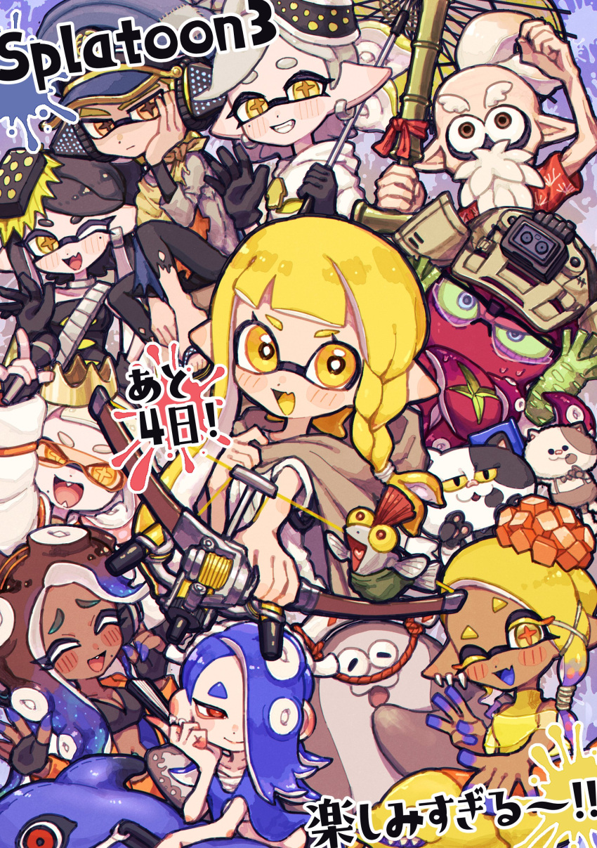 4boys 6+girls :d absurdres agent_3_(splatoon) agent_3_(splatoon_3) animal arm_up asymmetrical_hair bamboozler_14_(splatoon) beard big_man_(splatoon) black_bra black_dress black_gloves black_hair black_pants blonde_hair blue_hair blue_hat blue_shawl bluerosamarinus blush blush_stickers bow-shaped_hair bow_(weapon) bra braid bright_pupils brown_cape brown_hair callie_(splatoon) cap'n_cuttlefish cape cat chest_sarashi cloak closed_eyes closed_mouth coat colored_sclera colored_tongue commentary_request copyright_name crop_top crossed_arms crown dark-skinned_female dark_skin dj_octavio dot_nose dress dual_wielding earrings everyone expressionless facial_hair fang fingerless_gloves folded_fan folding_fan frye_(splatoon) furrowed_brow gloves green_hair green_sclera grey_choker grey_hair grey_shirt grin hachimaki hair_over_one_eye hair_tie half-closed_eye hand_fan hand_on_own_cheek hand_on_own_face hat head_rest headband headphones highres holding holding_bow_(weapon) holding_fan holding_microphone holding_umbrella holding_weapon hoop_earrings inkling inkling_girl inkling_player_character jacket jewelry judd_(splatoon) layered_shirt li'l_judd_(splatoon) long_hair looking_at_viewer manta_ray marie_(splatoon) marina_(splatoon) medium_hair microphone midriff military_hat mole mole_under_eye mole_under_mouth multicolored_hair multiple_boys multiple_earrings multiple_girls navel_piercing nejiri_hachimaki octoling octopus old old_man one_eye_closed one_eye_covered open_clothes open_jacket open_mouth orange-tinted_eyewear orange_eyes orange_jacket pants peaked_cap pearl_(splatoon) piercing pink_hair pointy_ears purple_eyes purple_tongue red_eyes red_shirt sandals sarashi scar shawl shirt shiver_(splatoon) short_hair single_braid skin_fang smallfry_(splatoon) smile splatoon_(series) splatoon_3 star-shaped_pupils star_(symbol) strapless strapless_dress suction_cups sunglasses swept_bangs symbol-shaped_pupils tentacle_hair tinted_eyewear tooth_earrings torn_cloak torn_clothes torn_pants translation_request tri-stringer_(splatoon) two-tone_hair umbrella underwear v-shaped_eyebrows w waving weapon white_coat white_pupils white_shirt yellow_coat yellow_eyes yellow_shawl yellow_shirt yellow_tongue