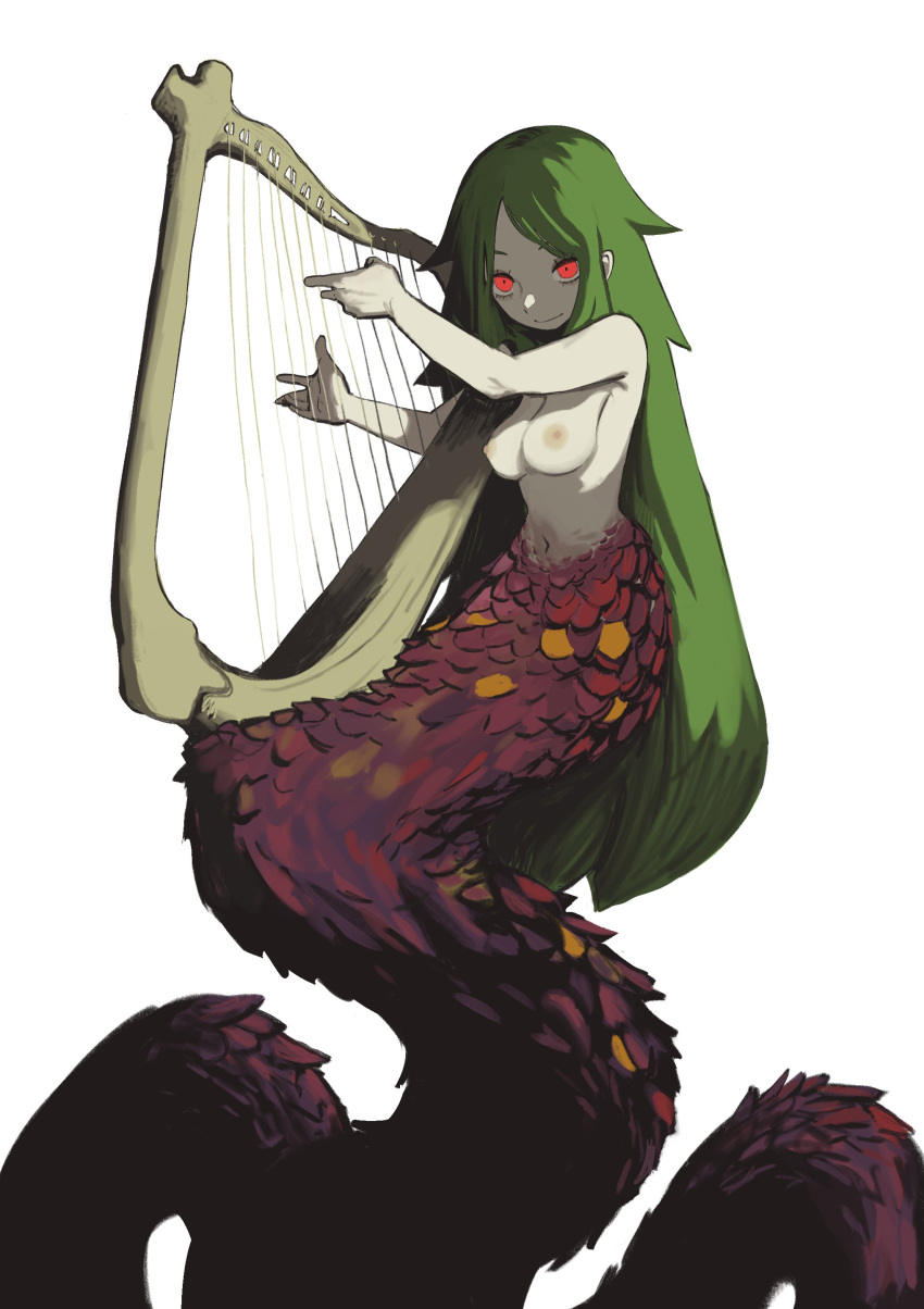 1girl absurdres breasts brown_scales closed_mouth completely_nude deent_(30390450) green_hair hands_up harp highres holding holding_instrument instrument lamia long_hair looking_at_viewer medium_breasts monster_girl music nipples nude original playing_instrument red_eyes scales simple_background smile solo very_long_hair white_background