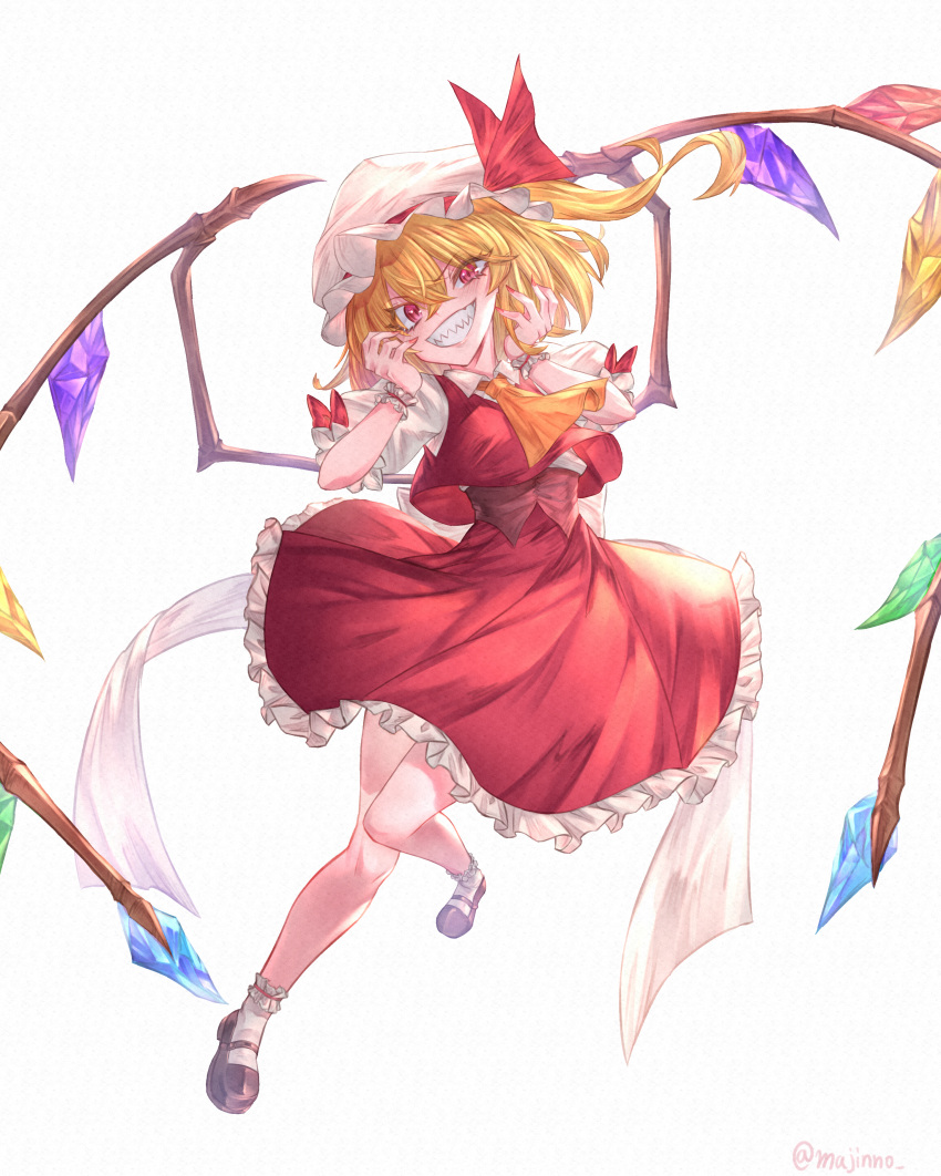 1girl absurdres ascot blonde_hair crystal_wings dress flandre_scarlet hand_up hat hat_ribbon highres majinno mary_janes mob_cap red_dress red_eyes red_nails red_ribbon ribbon sharp_teeth shoes side_ponytail simple_background smile solo teeth touhou white_background yellow_ascot