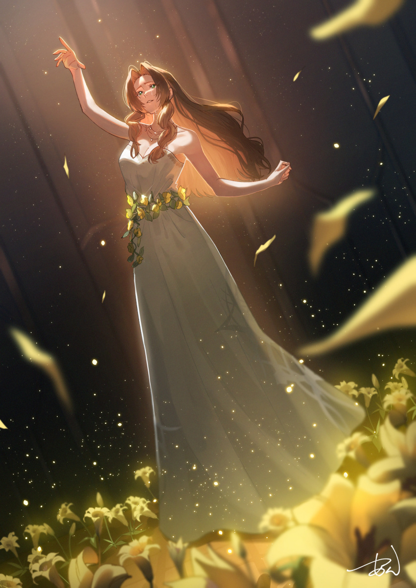 1girl absurdres aerith_gainsborough aerith_gainsborough_(white_floral_dress) bare_arms bare_shoulders blurry blurry_background blurry_foreground breasts brown_hair cleavage dress dress_flower falling_petals final_fantasy final_fantasy_vii final_fantasy_vii_rebirth final_fantasy_vii_remake flower full_body gold_trim green_eyes hand_up highres jewelry lily_(flower) long_dress long_hair medium_breasts music necklace official_alternate_costume parted_bangs parted_lips petals rose sidelocks signature singing solo strapless strapless_dress tears tsu-an wavy_hair white_dress yellow_flower yellow_petals yellow_rose