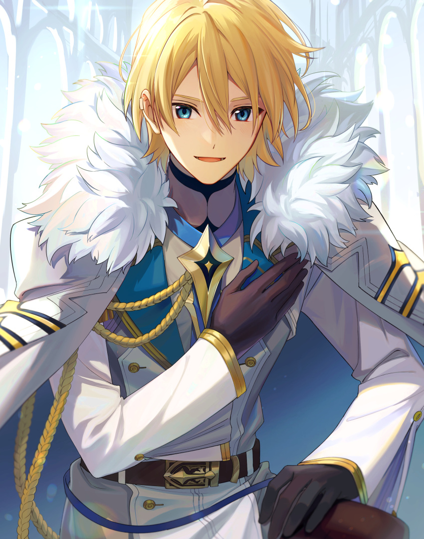 1boy absurdres belt black_gloves blonde_hair blue_eyes coat coat_on_shoulders commentary_request fur-trimmed_coat fur_trim gloves hair_between_eyes hand_on_own_chest highres holostars jacket kishido_temma light_particles looking_at_viewer male_focus n@o_(nao) open_mouth short_hair smile upper_body virtual_youtuber white_coat white_jacket