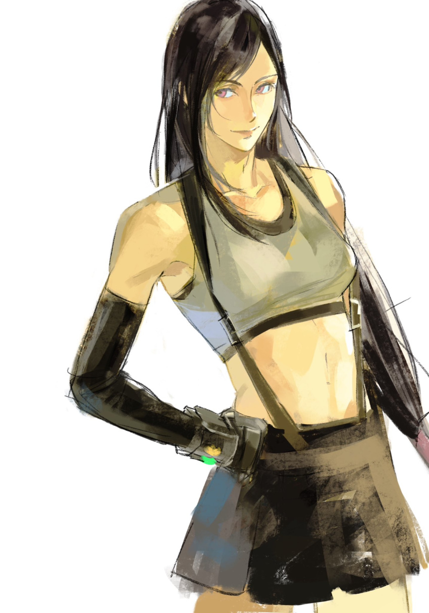 1girl bare_shoulders black_bra black_gloves black_hair black_skirt bra breasts cowboy_shot crop_top elbow_gloves final_fantasy final_fantasy_vii final_fantasy_vii_rebirth final_fantasy_vii_remake gloves hair_tie hand_on_own_hip highres light_smile long_hair looking_at_viewer low-tied_long_hair materia medium_breasts midriff miniskirt pleated_skirt red_eyes shirt sketch skirt sleeveless sleeveless_shirt solo sports_bra standing suspenders swept_bangs tifa_lockhart underwear white_background white_shirt xscr1205