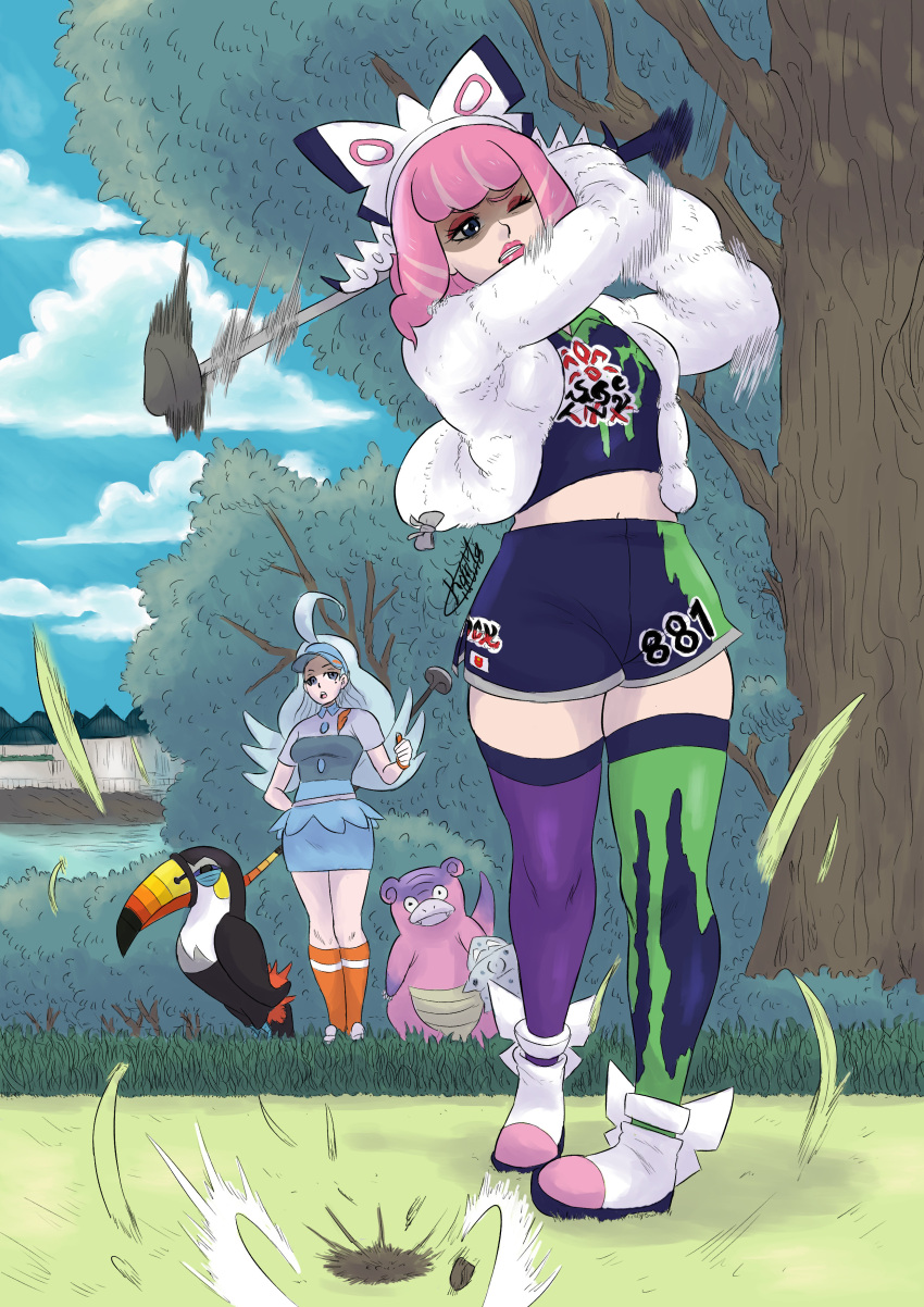 2girls absurdres ahoge artist_name asymmetrical_legwear bird blue_eyes blue_hair blue_hat blue_skirt breasts buttons collared_shirt colored_skin drill_hair eyeshadow flipped_hair fur_jacket galarian_slowbro gloves golf_club highres holding holding_golf_club jacket kahili_(pokemon) karma_illusion klara_(pokemon) light_blue_hair long_hair makeup medium_breasts midriff_peek mismatched_legwear mole mole_under_eye mole_under_mouth multicolored_skin multiple_girls one_eye_closed orange_socks pencil_skirt pink_eyeshadow pink_hair pink_lips pink_skin pokemon pokemon_(creature) pokemon_sm pokemon_swsh print_shirt print_shorts print_thighhighs purple_eyes shaded_face shirt short_hair short_sleeves shorts side_slit side_slit_shorts signature single_glove sketch skirt socks striped_clothes striped_shirt tail thighhighs toucan toucannon twin_drills two-tone_skin visor_cap