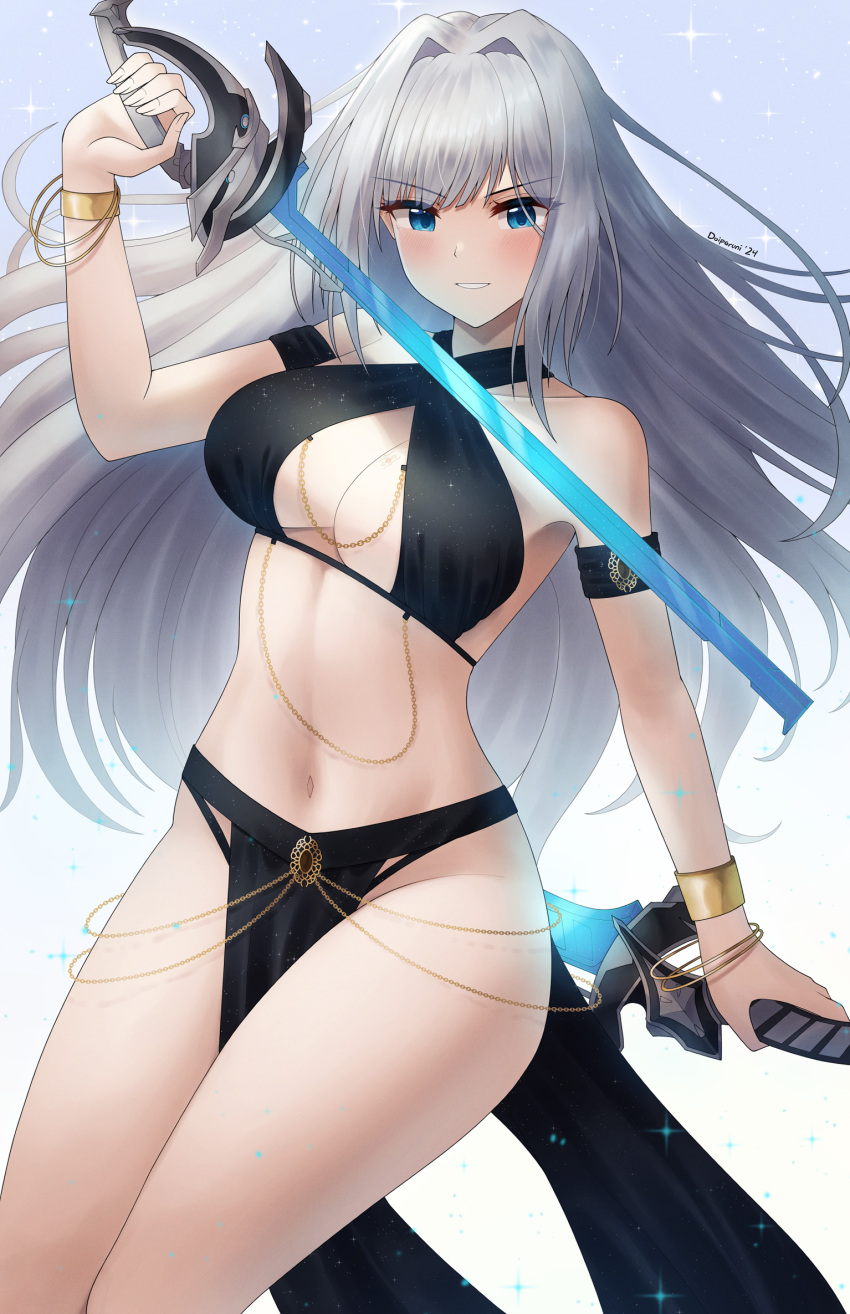 1girl alternate_costume arm_strap belly_chain black_bra black_panties blue_eyes bra breasts chain cleavage cleavage_cutout clothing_cutout criss-cross_halter doiparuni dual_wielding english_commentary ethel_(xenoblade) gold_chain grey_hair hair_intakes halterneck highres holding holding_sword holding_weapon jewelry large_breasts long_hair looking_at_viewer meme_attire navel panties parted_lips pelvic_curtain simple_background smile solo sword underwear weapon white_background xenoblade_chronicles_(series) xenoblade_chronicles_3 yomorio_lingerie