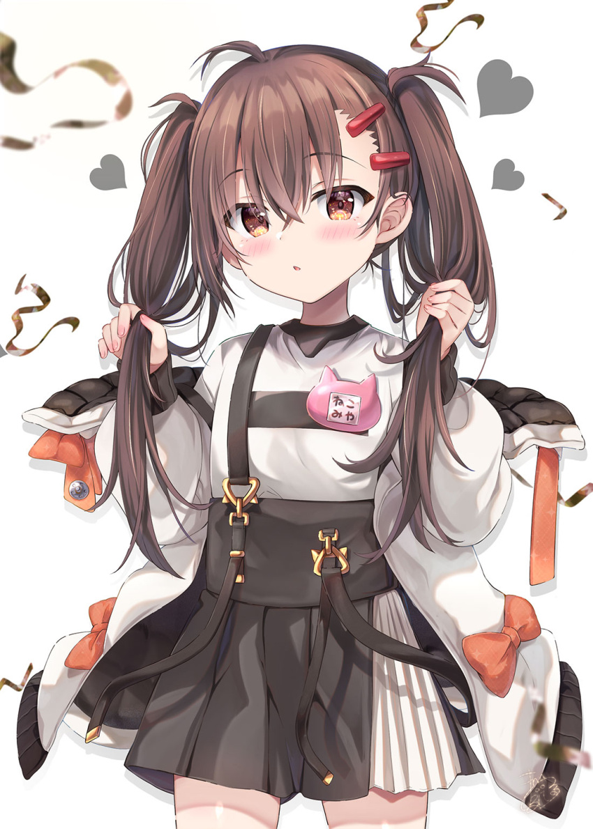 1girl ahoge black_skirt blush bow brown_eyes brown_hair commentary_request hair_between_eyes hair_ornament hairclip heart highres holding holding_hair jacket long_hair long_sleeves looking_at_viewer maruma_(maruma_gic) off_shoulder open_clothes open_jacket orange_bow original parted_lips pleated_skirt puffy_long_sleeves puffy_sleeves shirt simple_background skirt solo standing suspender_skirt suspenders translation_request twintails very_long_hair white_background white_jacket white_shirt