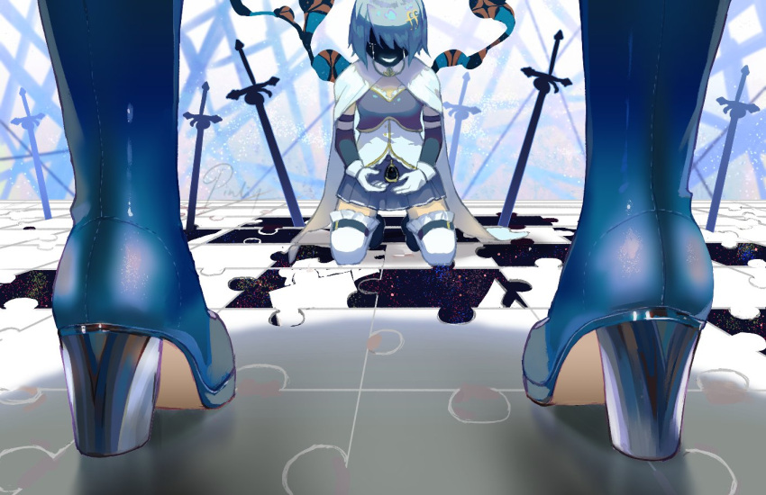 2girls between_legs blue_footwear blue_hair blue_skirt boots cape commentary detached_sleeves dual_persona english_commentary fortissimo from_behind full_body gloves hair_ornament high_heel_boots high_heels kneeling lower_body magical_girl mahou_shoujo_madoka_magica mahou_shoujo_madoka_magica_(anime) miki_sayaka multiple_girls musical_note musical_note_hair_ornament oktavia_von_seckendorff on_floor out_of_frame pinlin planted planted_sword pleated_skirt puzzle puzzle_piece short_hair sitting skirt soul_gem standing surreal sword tears thighhighs weapon white_cape white_gloves white_thighhighs