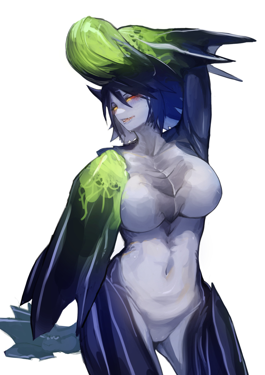 absurd_res big_breasts blue_body blue_hair brachydios breasts brute_wyvern capcom featureless_breasts featureless_crotch hair hi_res horn miao_jiangyou monster_hunter nude red_sclera scales scalie tail yellow_eyes