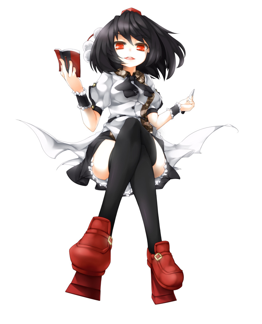 1girl absurdres black_hair black_skirt black_thighhighs commentary_request crossed_legs frilled_skirt frills full_body hat high_heels highres holding holding_notepad looking_at_viewer moritomoetomomi notepad open_mouth red_eyes red_footwear red_hat shameimaru_aya shirt short_hair short_sleeves sitting skirt solo teeth thighhighs tokin_hat touhou upper_teeth_only white_shirt