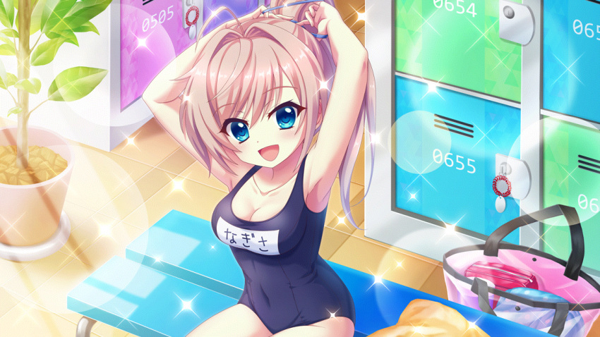 1girl :d ahoge armpits arms_up blue_eyes blue_ribbon breasts cleavage collarbone covered_navel dot_nose film_grain from_above game_cg hair_ribbon high_ponytail himura_nagisa indoors izumi_tsubasu lens_flare locker locker_room long_hair looking_at_viewer medium_breasts name_tag non-web_source official_art on_bench open_mouth pink_bag pink_hair plant potted_plant re:stage! ribbon school_swimsuit sitting smile solo sparkle sunlight swept_bangs swimsuit tile_floor tiles towel translated transparent_bag tying_hair yellow_towel
