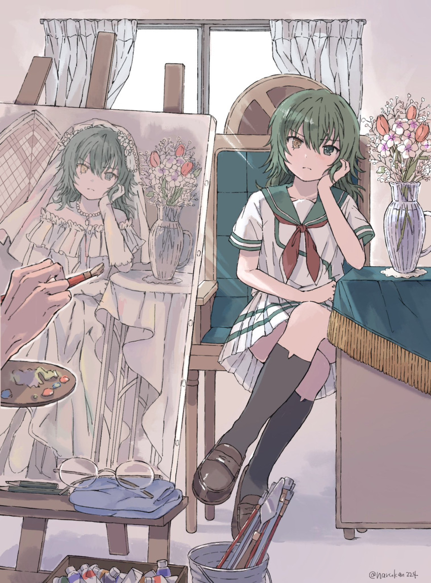 1boy 1girl black_socks bridal_veil brown_footwear bucket chair closed_mouth commentary crossed_legs curtains dress easel flower gloves green_eyes green_hair green_sailor_collar hand_up head_rest heterochromia highres holding holding_paintbrush indoors jewelry kantai_collection kiso_(kancolle) kneehighs loafers looking_at_viewer miniskirt narukan neckerchief necklace on_chair out_of_frame paintbrush painting_(action) painting_(object) palette_(object) palette_knife pearl_necklace pencil pleated_skirt red_neckerchief sailor_collar sailor_shirt school_uniform serafuku shirt shoes short_sleeves sitting skirt socks solo_focus table tablecloth twitter_username unworn_eyewear vase veil wedding_dress white_dress white_gloves white_serafuku white_shirt white_skirt window yellow_eyes