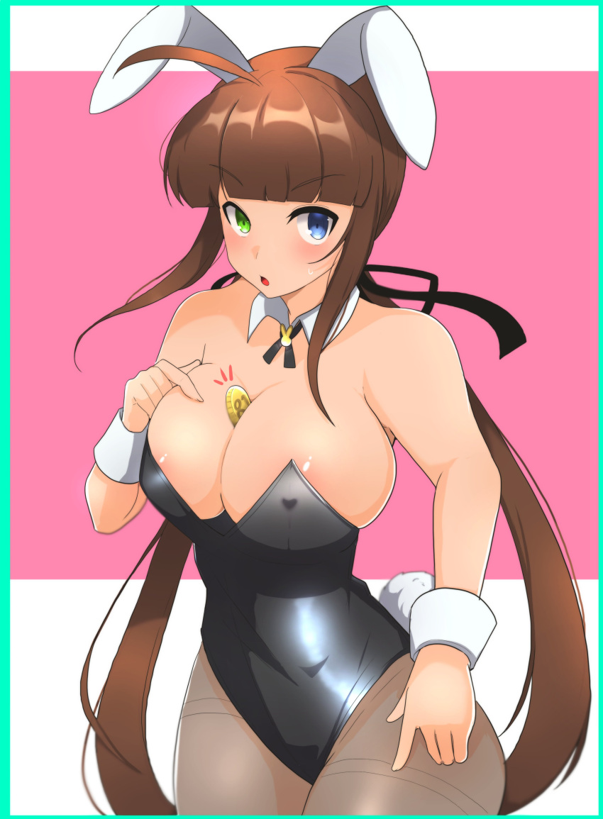 1girl :o absurdres ahoge animal_ears areola_slip bare_shoulders between_breasts black_leotard black_ribbon blue_eyes blunt_bangs blush border breast_suppress breasts brown_hair cleavage coin covered_nipples detached_collar gold_coin green_border green_eyes groin hair_ribbon hairband heterochromia highres large_breasts leotard long_hair looking_at_viewer low_twintails neck_ribbon open_mouth pantyhose pink_background playboy_bunny rabbit_ears rabbit_tail rasetuayano red_hairband ribbon ryoubi_(senran_kagura) senran_kagura senran_kagura_shinovi_versus sidelocks solo strapless strapless_leotard tail twintails two-tone_background v-shaped_eyebrows very_long_hair white_background wrist_cuffs