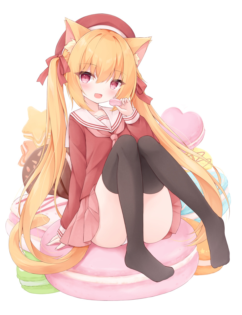 1girl animal_ear_fluff animal_ears black_thighhighs blush cat_ears cat_girl cat_tail commentary_request food full_body hair_between_eyes hair_ribbon highres holding holding_food knees_up long_hair long_sleeves looking_at_viewer macaron miniskirt mochizuki_riku neckerchief no_shoes open_mouth orange_hair original panties pantyshot pink_neckerchief pink_skirt pleated_skirt red_eyes red_ribbon red_shirt ribbon sailor_collar sailor_shirt school_uniform serafuku shirt simple_background sitting skirt sleeves_past_wrists solo tail thighhighs twintails underwear very_long_hair white_background white_panties white_sailor_collar