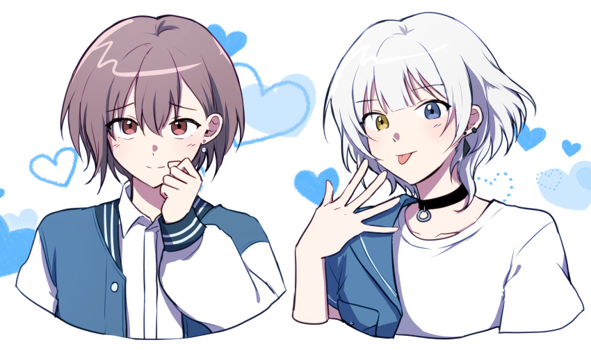 2girls bang_dream! bang_dream!_it's_mygo!!!!! black_choker blue_eyes blue_jacket blush choker closed_mouth commentary_request ear_piercing earrings grey_hair hand_up heart heterochromia highres jacha_gam jacket jewelry kaname_raana korean_commentary medium_hair multiple_girls piercing red_eyes shirt short_hair simple_background smile takamatsu_tomori tongue tongue_out upper_body white_background white_hair white_shirt yellow_eyes