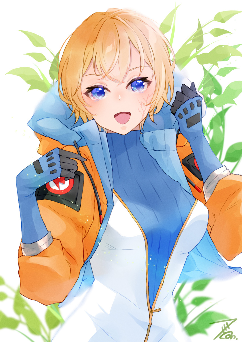 1girl animification anzu_(x_anzu_ill) apex_legends blonde_hair blue_eyes blue_gloves blue_sweater blush bodysuit breasts gloves highres hood hood_down hooded_jacket jacket lightning_bolt_symbol looking_at_viewer medium_breasts open_mouth orange_jacket plant ribbed_sweater short_hair smile solo sweater upper_body wattson_(apex_legends) white_background white_bodysuit