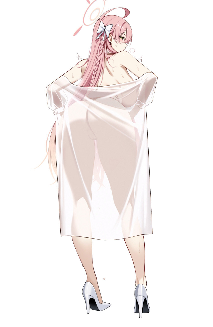 1girl absurdres ahoge ass ateoyh blue_archive breasts full_body green_eyes hanako_(blue_archive) high_heels highres huge_breasts long_hair looking_back naked_shirt pink_hair see-through see-through_shirt shirt simple_background solo sweat thighs white_background white_footwear