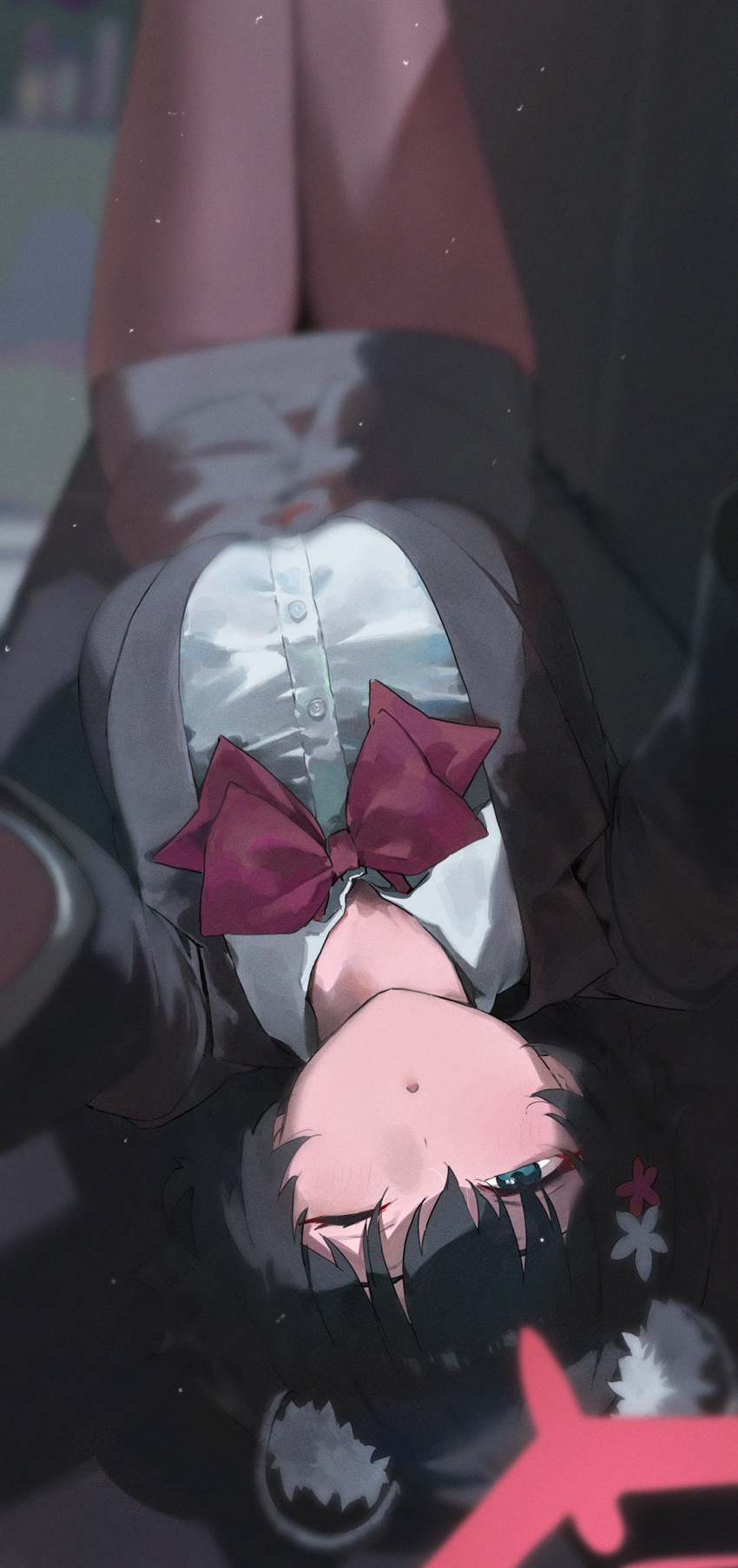 024th 1girl ;o animal_ears black_hair black_skirt blue_archive blurry bow bowtie breasts brown_pantyhose commentary_request depth_of_field extra_ears feet_out_of_frame flower green_eyes halo highres large_breasts long_sleeves looking_at_viewer lying official_alternate_costume on_back one_eye_closed open_mouth pantyhose pencil_skirt raccoon_ears raccoon_girl reaching reaching_towards_viewer red_bow red_bowtie red_halo shirt short_hair skirt solo tsubaki_(blue_archive) tsubaki_(guide)_(blue_archive) upside-down white_flower white_shirt