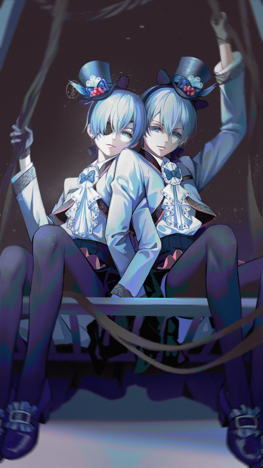 2226480274 2boys absurdres ascot bishounen black_footwear black_gloves black_pantyhose blue_bow blue_eyes blue_hair blue_hat blue_jacket bow bowtie ciel_phantomhive ciel_phantomhive's_brother closed_mouth earrings eyepatch gloves hair_between_eyes hat hat_bow highres jacket jewelry kodona kuroshitsuji locked_arms lolita_fashion looking_at_viewer male_focus multiple_boys open_clothes open_jacket pantyhose shirt siblings sitting top_hat twins white_ascot white_shirt