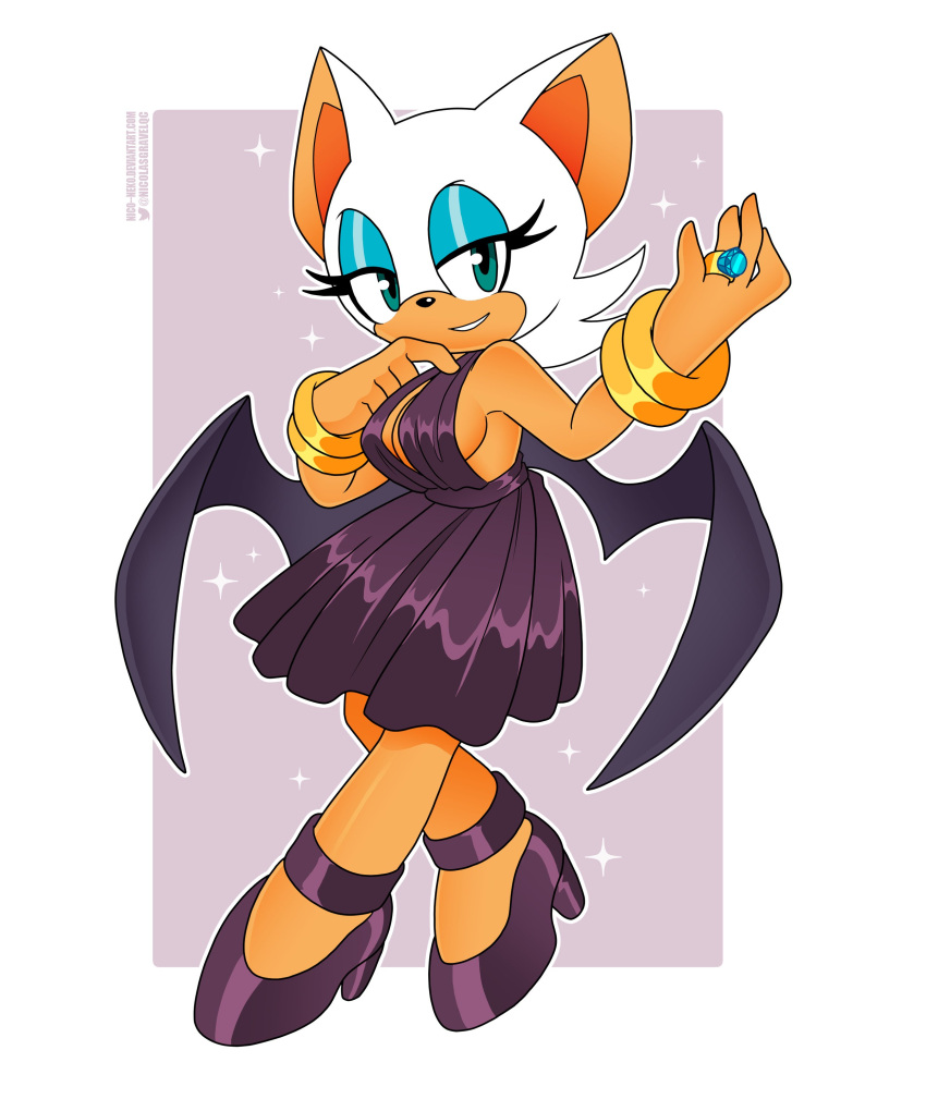 absurd_res anthro bat breasts clothing eyeshadow female footwear fur half-closed_eyes hi_res high_heels makeup mammal narrowed_eyes nicolasgravelqc rouge_the_bat sega signature simple_background smile solo sonic_the_hedgehog_(series) sparkles tan_body tan_skin text url white_body white_fur wings