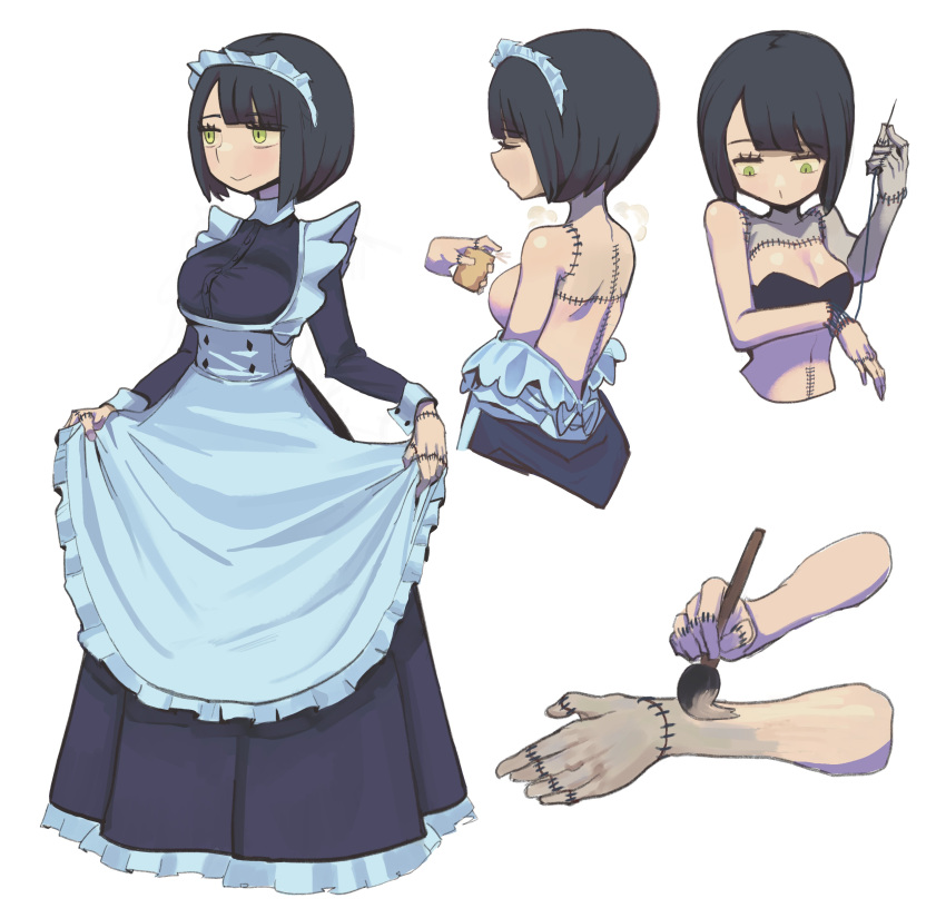 1girl absurdres apron black_hair bottle breasts closed_eyes closed_mouth clothes_lift deent_(30390450) frilled_apron frills full_body green_eyes hands_up highres holding holding_paintbrush long_sleeves maid maid_headdress medium_breasts multiple_views needle original paintbrush painting_(action) perfume_bottle sewing sewing_needle short_hair simple_background skirt skirt_lift smile standing stitched_arm stitched_back stitches very_short_hair white_background zombie