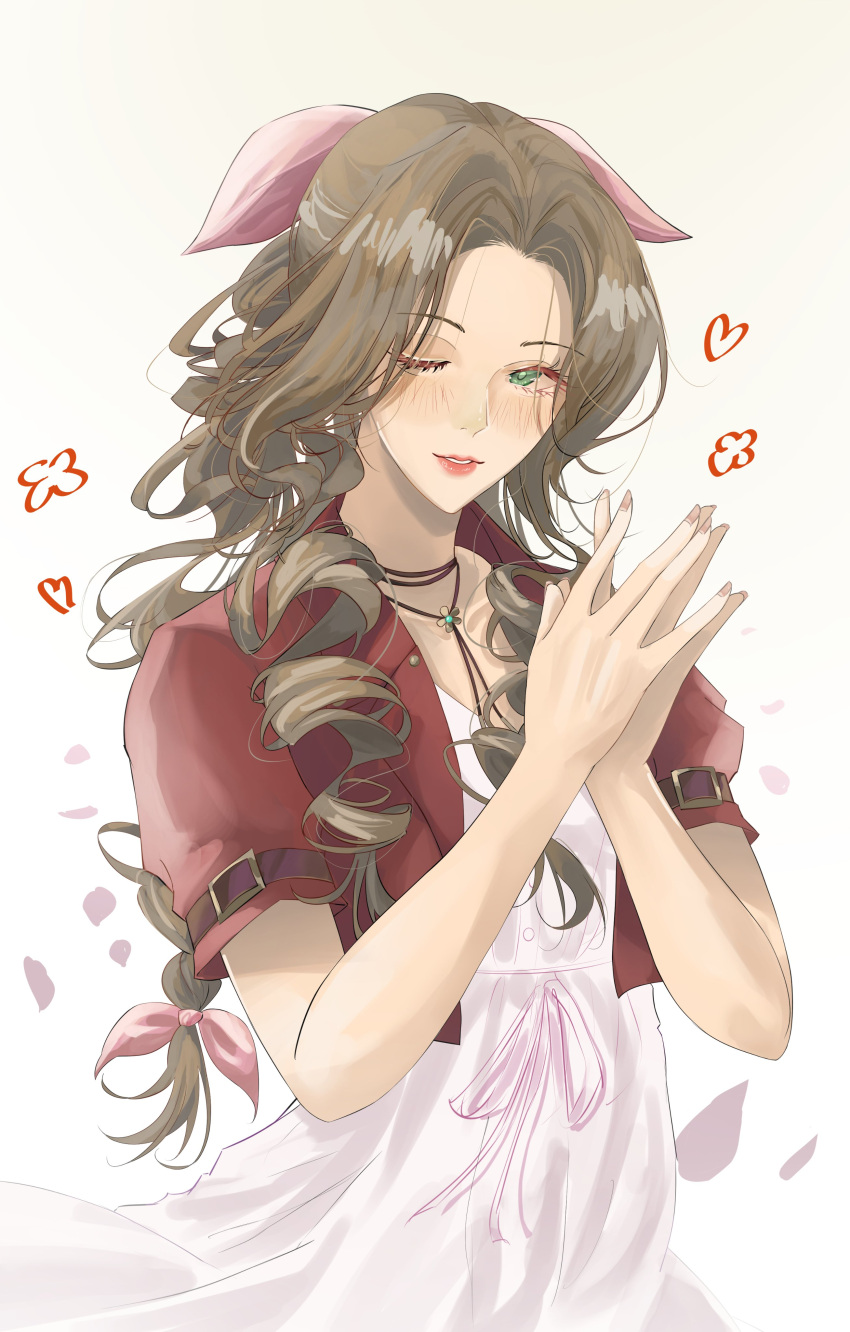 1girl absurdres aerith_gainsborough blush braid braided_ponytail choker cropped_jacket dress final_fantasy final_fantasy_vii final_fantasy_vii_rebirth final_fantasy_vii_remake flower_choker gloxuba green_eyes hair_ribbon highres jacket light_smile looking_at_viewer one_eye_closed own_hands_together parted_bangs parted_lips pink_dress pink_ribbon red_jacket ribbon short_sleeves sidelocks single_braid solo upper_body wavy_hair white_background