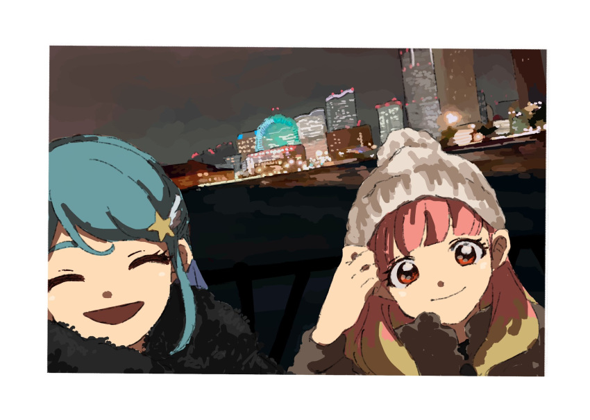 2girls aikatsu!_(series) aikatsu_friends! alternate_costume beanie black_coat blonde_hair blue_hair border city closed_eyes closed_mouth coat colored_tips dutch_angle fur_coat hair_ornament hair_over_shoulder hand_on_headwear hat highres long_hair looking_at_viewer minato_mio multicolored_hair multiple_girls night open_mouth osouzai-kun outdoors pink_hair pom_pom_(clothes) pom_pom_beanie portrait red_eyes skyline smile star_(symbol) star_hair_ornament thick_eyebrows white_border white_hat yuki_aine