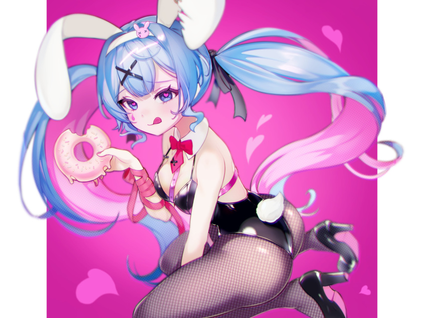 1girl :q absurdres animal_ears bare_shoulders black_footwear black_leotard blue_eyes blue_hair blurry blurry_background breasts chest_harness fake_animal_ears fake_tail food_bite from_side hair_ornament hair_ribbon hairband halftone harness hatsune_miku heart heart-shaped_pupils high_heels highleg highleg_leotard highres holding_doughnut leotard long_hair looking_at_viewer medium_breasts miku_day multicolored_hair pink_background pink_hair pink_pupils pink_ribbon playboy_bunny rabbit_ears rabbit_hair_ornament rabbit_hole_(vocaloid) rabbit_tail ribbon senada37 solo spaghetti_strap symbol-shaped_pupils tail teardrop_facial_mark tongue tongue_out twintails two-tone_hair vocaloid white_hairband x_hair_ornament