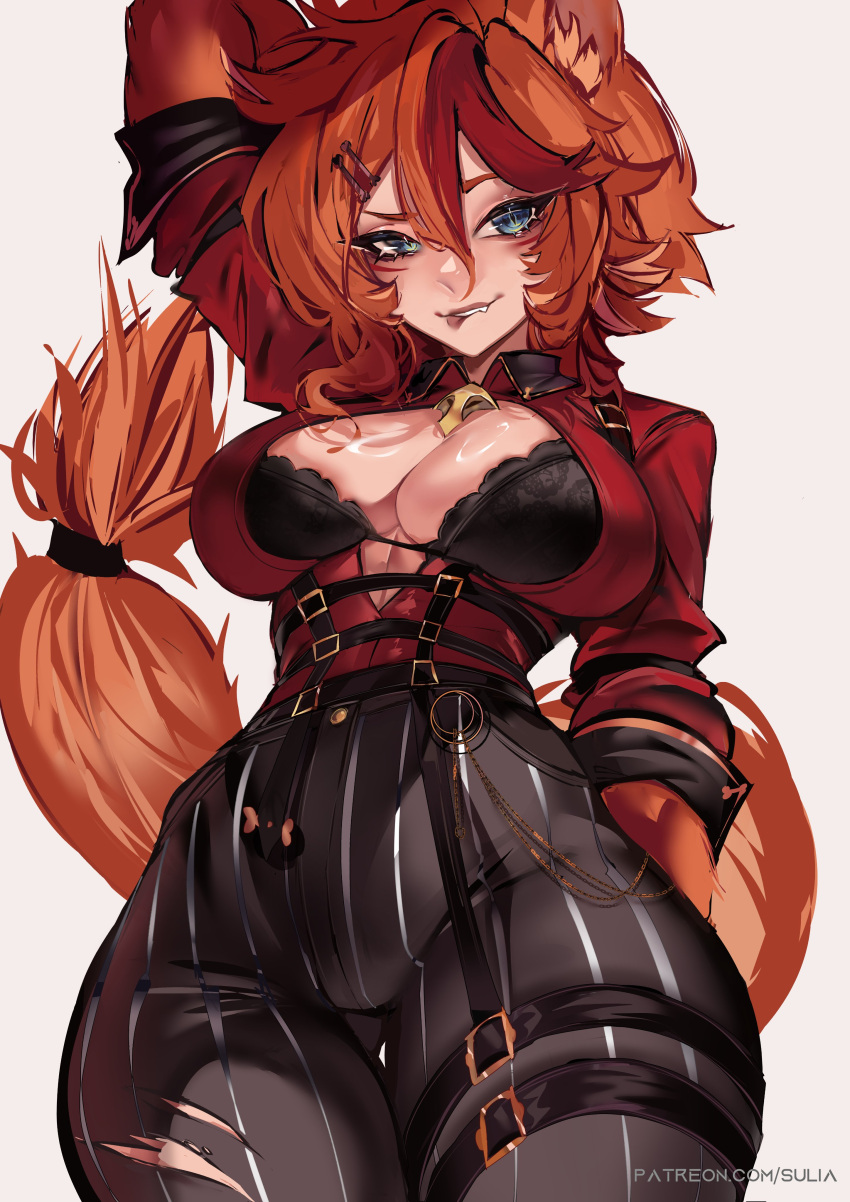 1girl absurdres animal_ears arm_behind_head belt biting_own_lip black_belt black_bra blue_eyes bra breasts buffpup_(vtuber) cleavage fang hair_between_eyes hair_ornament hairclip harness highres lace-trimmed_bra lace_trim lipstick looking_at_viewer makeup medium_hair multicolored_hair orange_hair pants patreon_username pinstripe_pants pinstripe_pattern red_hair red_shirt shirt solo streaked_hair suliavtuber tail teeth torn_clothes torn_pants unbuttoned unbuttoned_shirt underwear vchiban virtual_youtuber werewolf wolf_ears wolf_girl wolf_tail