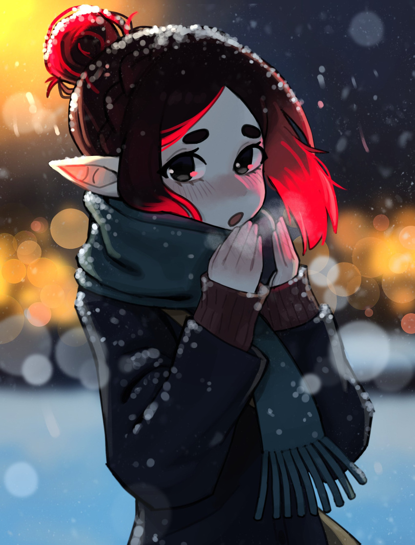 1girl absurdres black_eyes black_hair blush colored_skin eleanor_(justadrian) hair_bun highres justadrian_(yoadriandk) multicolored_hair pointy_ears red_hair scarf short_hair snow snowing sweater two-tone_hair vampire warming_hands winter winter_clothes