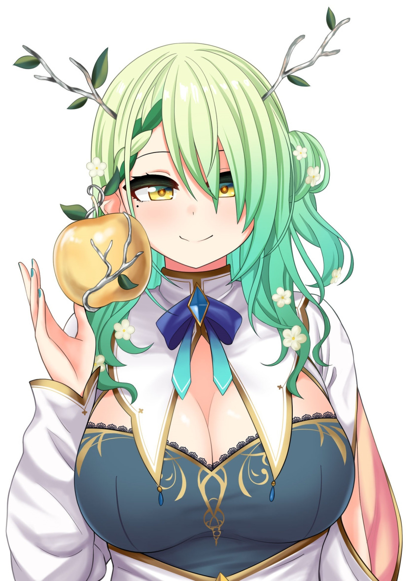 1girl antlers apple braid braided_bangs branch breasts ceres_fauna ceres_fauna_(1st_costume) cleavage flower food fruit golden_apple green_hair hair_flower hair_ornament highres hololive hololive_english horns jewelry large_breasts long_hair looking_at_viewer mole mole_under_eye multicolored_hair simple_background smile solo the_only_shoe virtual_youtuber white_background yellow_eyes