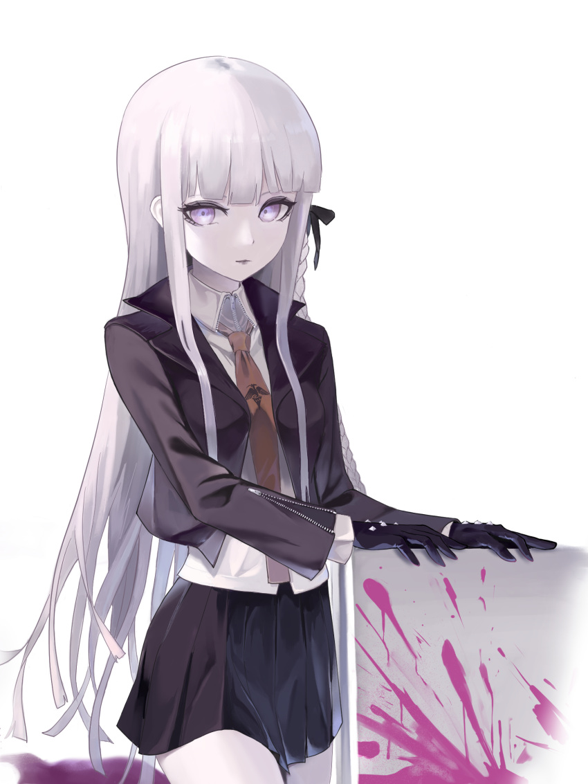 1girl black_jacket black_ribbon black_skirt blood braid breasts collared_shirt danganronpa:_trigger_happy_havoc danganronpa_(series) gloves grey_hair hair_ribbon highres jacket kirigiri_kyoko long_hair long_sleeves looking_at_viewer miniskirt necktie open_clothes open_jacket pink_blood pink_eyes pleated_skirt purple_eyes ribbon shirt shiton_(2016sanhime) side_braid simple_background skirt solo white_background