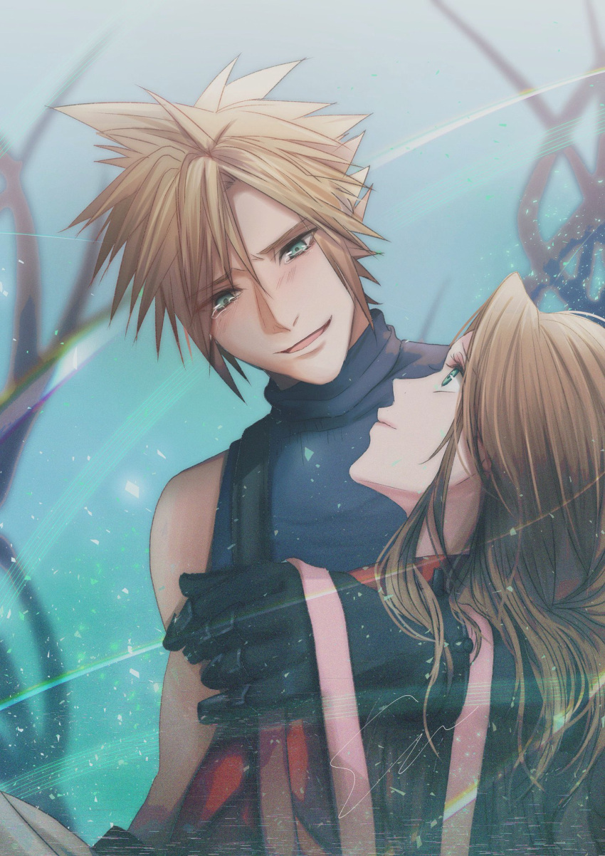 1boy 1girl aerith_gainsborough arm_around_shoulder black_gloves blonde_hair blue_eyes blue_shirt blush brown_hair carrying cloud_strife dress final_fantasy final_fantasy_vii final_fantasy_vii_rebirth final_fantasy_vii_remake gloves green_eyes hair_between_eyes hair_ribbon happy_tears highres lifestream long_hair looking_at_another open_mouth parted_bangs pink_dress pink_ribbon princess_carry red_eyes ribbon shirt short_hair single_bare_shoulder sleeveless sleeveless_turtleneck smile spiked_hair suspenders tears turtleneck upper_body wavy_hair yuu_crazy_doll_sae