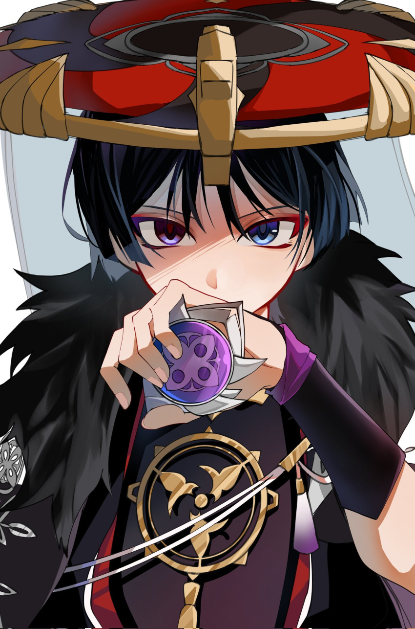 1boy black_hair blue_eyes closed_mouth eyeshadow fur_trim genshin_impact hat heterochromia highres japanese_clothes looking_at_viewer makeup purple_eyes purple_eyeshadow red_eyeshadow scaramouche_(genshin_impact) short_hair simple_background solo uji1210 upper_body vision_(genshin_impact) white_background