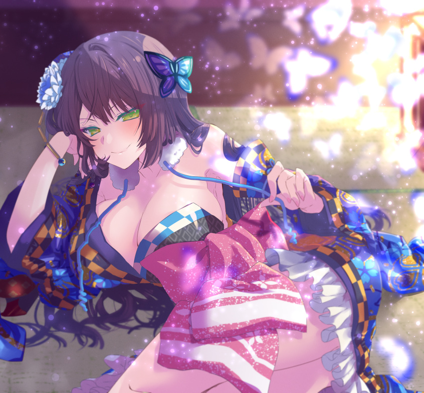 1girl arm_support assault_lily blue_flower blue_kimono blurry blurry_background blush bow breasts bug butterfly butterfly_hair_ornament checkered_clothes checkered_kimono cleavage closed_mouth commentary_request cowboy_shot depth_of_field fingernails flower frilled_kimono frills funada_kiito fur_collar green_eyes hair_flower hair_ornament hand_on_own_cheek hand_on_own_face hands_up head_rest highres indoors japanese_clothes kimono large_breasts light_particles long_hair long_sleeves looking_at_viewer lying naridon off_shoulder official_alternate_costume on_floor on_side pink_bow purple_hair short_kimono single_bare_shoulder smile solo tatami white_butterfly wide_sleeves