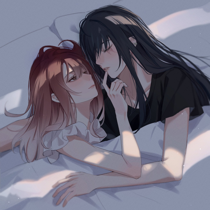 2girls bare_arms black_hair black_shirt blush chinese_commentary closed_eyes closed_mouth commentary_request cuddling finger_to_another's_mouth gradient_hair grey_hair highres light_particles long_hair looking_at_another miix777 morning multicolored_hair multiple_girls on_bed parted_lips path_to_nowhere pillow rahu_(path_to_nowhere) red_hair scar scar_across_eye shalom_(path_to_nowhere) shirt short_sleeves sleeping smile under_covers upper_body white_hair white_shirt yuri